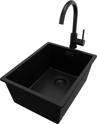 Produktbild von PRIMAGRAN Granitspüle Alles Schwarz 36x47cm, Spülbecken 1 Becken + Küchenarmatur 32x20cm + Ablauf-Set, Küchenspüle ab 40er Unterschrank - London Slim