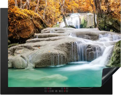 Produktbild von KitchenYeah© Herdabdeckplatte Wald - Wasserfall - Herbst , 77x59cm, Küche Deko, Glaskeramikkochfeld Herdabdeckung, Abdeckplatte fùr Kochfeld