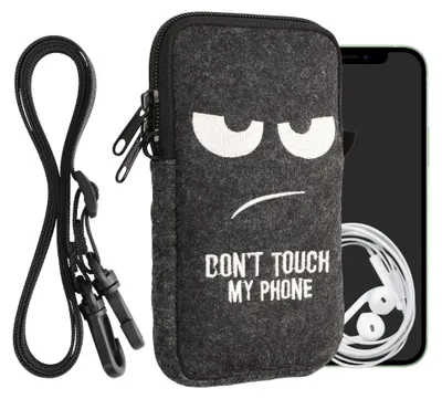 Produktbild von kwmobile Handytasche für Smartphones L - 6,5" - Filz Handy Hülle Weiß Dunkelgrau - Handy Tasche mit Kette 16,5 x 8,9 cm Innenmaße - Don't touch my