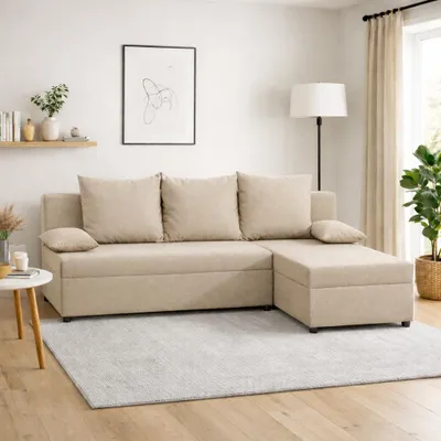Produktbild von Ecksofa RIO L-Form, Universal, Modernes Bettsofa mit Schlaffunktion und Bettkasten, Schlafsofa, Couch beidseitig montierbar, BEIGE - SAWANA 17