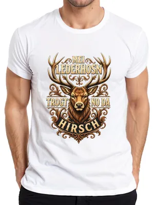 Produktbild von Mei Lederhosn trogt no da Hirsch Bayern Alpen Lederhose Dirndl Herren T-Shirt, Weiß, XL