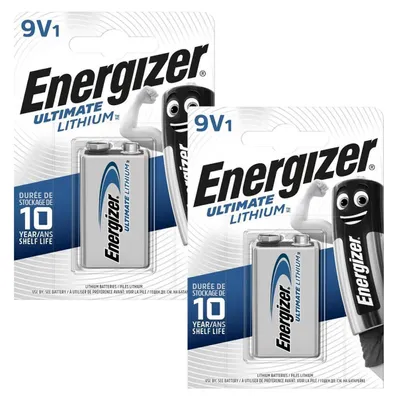 Two packages of Energizer 9V Ultimate Lithium batteries are shown side-by-side.