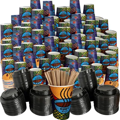 Produktbild von Intertan 100 Kaffeebecher To Go Pappe 240ml Design COZY CUPS Pappbecher Einweg für Kaffee & Tee - Einwegbecher für Heißgetränke bis 95°C und Kaltgetränke Papp Becher für Unterwegs, Büro, Uni, Party, Picknick