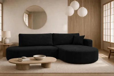 Image de Canapé d'angle avec fonction couchage et coffre de rangement, velours côtelé Poso, noir, version droite, ROUND ONE OPEN XL