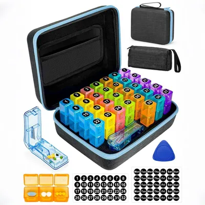 Productafbeelding van Pillenhouder voor 30 dagen, 3 keer per dag (ochtend, middag, avond), blauw, met tabletdeler