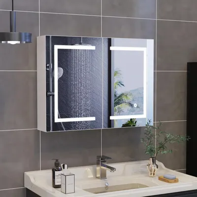 Produktbild von Badezimmerspiegel mit LED - Spiegelschrank - Höhenverstellbare Ablagen - 3 dimmbare Farbtemperaturen - Holzrahmen - Modernes Design - Weiß