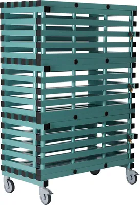 A teal-colored metal shelf cart with wheels, shown against a white background.