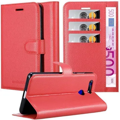 A collage of a red smartphone flip case, showing different angles and features.