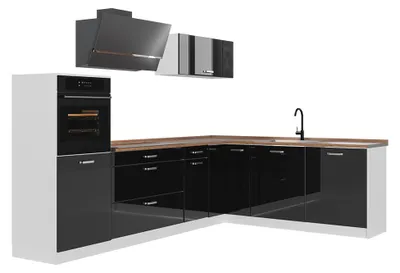 Productafbeelding van Hoekkeuken Vicco R-Line Zwart hoogglans/Wit 287 x cm goudkleurig eiken werkblad, Model 66770