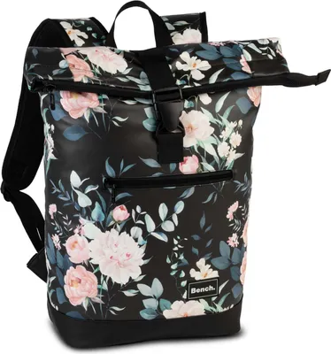 A roll-top backpack with a floral pattern.