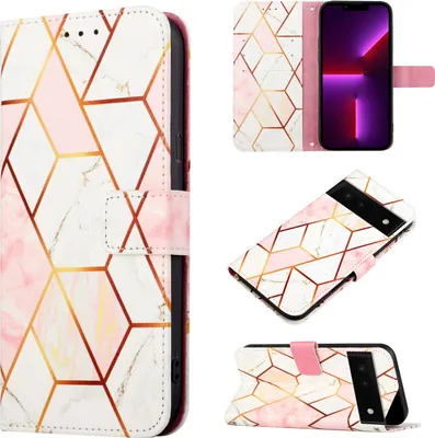 Produktbild von Google Pixel 6 Hülle, Marmor Motiv Kunstleder Tasche Wallet Kartenfächer mit Standfunktion Klapp Schutzhülle für Google Pixel 6 Roségold