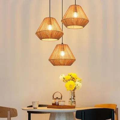Zdjęcie produktu dla ZMH lampy wiszące boho lampa wisząca rattanowa lampa wisząca jadalnia 3 płomienie lampa stołowa retro z gniazdem E27 do salonu / bez żarówki