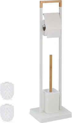 Produktbild von Relaxdays WC Garnitur, Bambus, Edelstahl, freistehender Klopapierhalter, Toilettenbürste mit Bürstenhalter, weiß/natur