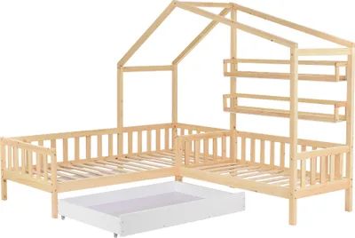 Produktbild von Flieks Hausbett Kinderbett 90x200cm+70x140cm für 2 Kinder, Massivholzbett L-Struktur mit Schubladen, Regalen, Rausfallschutz und Lattenrost