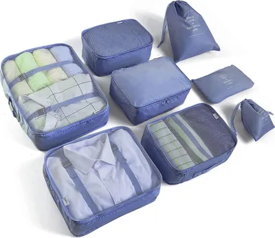 Produktbild von Packing Cubes Organizer Set, Kleiderbeutel, Schuhbeutel, Reiseorganizer, Packwürfel, Kosmetika, Reiseorganizer, Packtaschen für Koffer (8-teilig, marineblau)