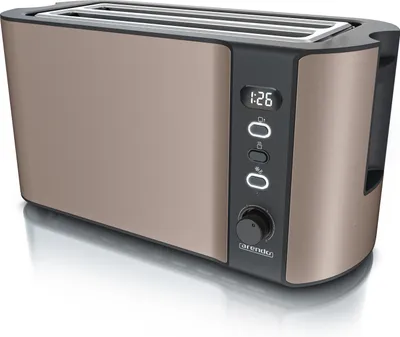 A studio shot of a toaster on a reflective white surface.