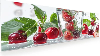 Produktbild von Glasbild 120x40cm in XXL für Wohnzimmer, Schlafzimmer Motiv Erdbeeren und Kirschen
