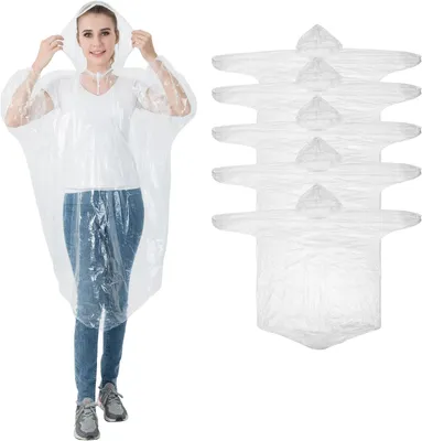 Immagine prodotto di Impermeabile antipioggia, confezione da 5 pezzi, trasparente o colorato, con maniche, mantello impermeabile con cappuccio per donna, uomo e bambini, ideale per festival