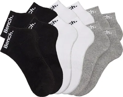 Produktbild von Bench Sportsocken Damen Herren Tennis Kurzsocken Quartersocken 12 -teilig 4x schwarz, 4x weiß, 4x grau-meliert Größe 43/46