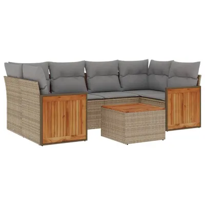 Produktbild von Modulares Garten-Sofa-Set, 7-teilig, für Terrasse & Balkon, aus UV-beständigem PE-Rattan, mit Akazienholz-Tisch, Beige, inklusive hellgrauer Kissen