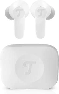 A pair of white in-ear Bluetooth headphones and their charging case are displayed against a white background.