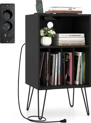 Produktbild von COSTWAY Plattenspieler-Ständer, 3-stufiger Schallplattenständer, Vinylplatten Aufbewahrungstisch mit Regal & 4 Trennwänden, 48x40x88cm, Schwarz
