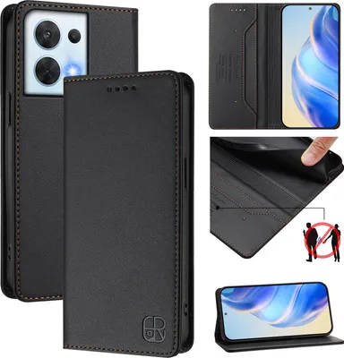 Obrázek produktu pro Kožené pouzdro pro Oppo Reno8 5G, flipové pouzdro s přihrádkami na karty, peněženkou a stojánkem Černý