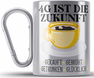 Produktbild von Trendation - Lustige Edelstahl Tasse Karabiner mit Spruch für Frauen Männer Kaffeeliebhaber Gekauft Gebrüht Getrtunken Glücklich Edelstahl Tasse Karabiner mit Spruch (Silber)