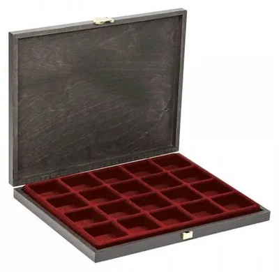 Produktbild von Lindner S2491-2870E Echtholz-Sammelkassetten CARUS-1 mit dunkelroter Einlage mit 20 quadratischen Fächern
