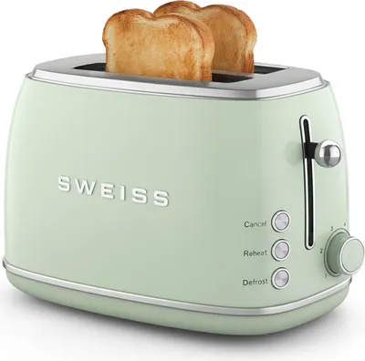 A light green two-slice toaster with two slices of toast in it, shown from a front-diagonal angle.