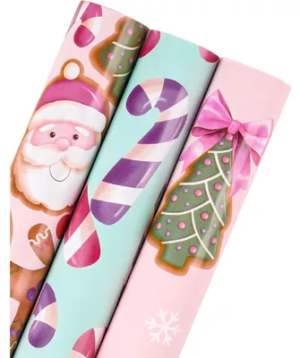 Productafbeelding van Geprinte cadeaupapierrollen, mini-formaat, 3 stuks, 43,2 cm x 3,05 m, roze-blauw, kerstcollectie met motieven van peperkoekmannetjes