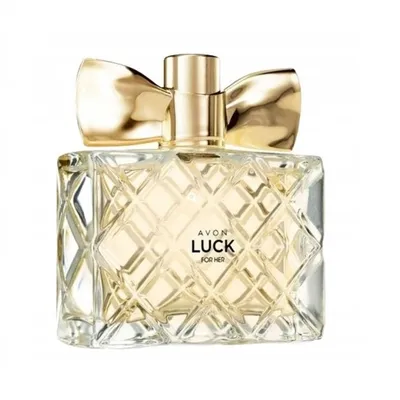 A bottle of Avon Luck for Her Eau de Parfum is shown against a white background.