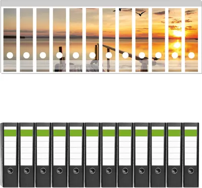 Produktbild von Wallario 12 Stück breite Ordner inkl. Klebeetiketten mit Motive Sonnenuntergang über dem See  idyllischer Steg -  Set mit Rückenschildern / Ordnerrücken Stickern
