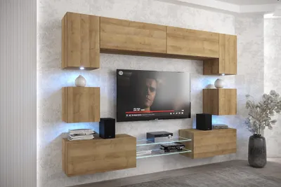 Produktbild von Furnitech Wohnwand Wohnzimmer - Wohnzimmer Möbel mit LED RGB - 16 Farben - Hängend Wohnwand Modern - Regale und TV Schrank (Nowara ANX1-17DZ-M4-1A)