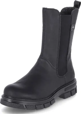 A black Chelsea boot with a thick sole is shown against a white background.