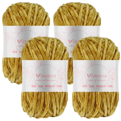 Produktbild von Chenille Wolle zum Häkeln und Stricken 4 x 100g Kurkuma Gelb 100% Polyester Nadelstärke 5-6