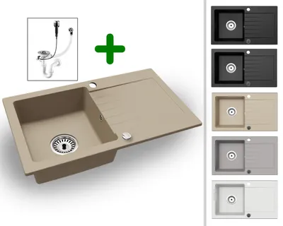 Produktbild von [Granitspüle 76x44 Beige]Hochwertig beidseitig Montierbar Küchenspüle Eckig Einbaugranitspüle Granit Spülbecken f. Unterschränke ab 45 cm inkl.Sipho