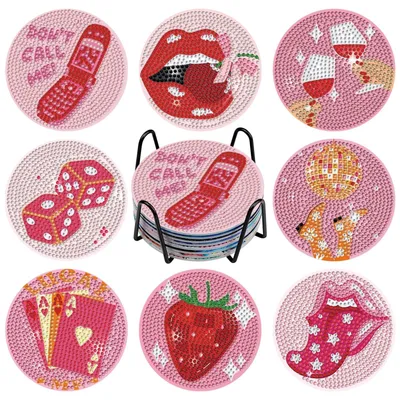 Productafbeelding van DIY Diamond Painting Onderzetters Set met Houder - 8 Stuks Roze Vintage Design