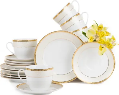 Obrázek produktu pro Čajový servis Konsimo pro 6 osob (12 kusů) "AGAWA GOLD", bílý, porcelán, Classic, 200 ml / 15 cm / 19,5 cm