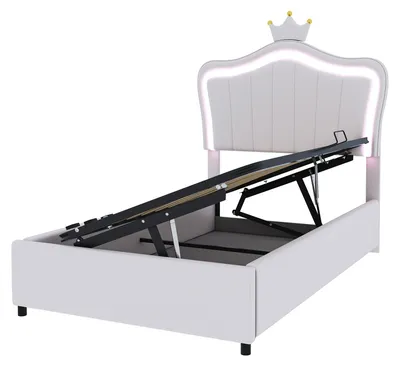 Productafbeelding van Boxspringbed 90x200 cm, met LED-verlichting, met opbergruimte, met gestoffeerd hoofdeinde, met lattenbodem, wit