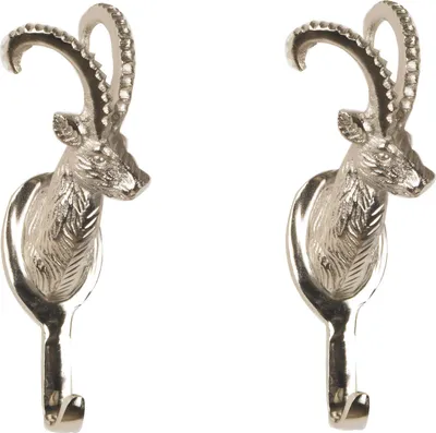 Produktbild von Wandgarderobe 2er SET Kleiderhaken in silber 'Steinbock' Hirschgeweih Hirschkopf Geweih Haken Wandhaken Aluminium Geweihhaken Wanddeko Dekoration Wandfigur Wandgeweih Weihnachten Weihnachten Deko Dekoration Weihnachtsdeko silber, 10x8x21h
