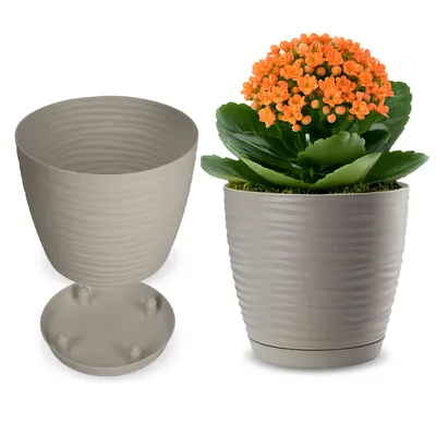 Produktbild von KADAX Blumentopf mit Untersetzer "Temara", Blumenkübel, Pflanztopf aus Kunststoff, Übertopf, rund, 15 cm, Grau