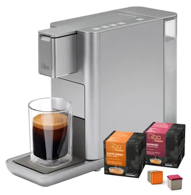 Produktbild von Tchibo Qbo Kapselmaschine, ICONIC, Frozen Silver, inkl. 16 Kapseln Premium Kapselmaschine für Espresso, Caffè Crema und Caffè Grande, PressBrew Technologie, kompaktes Design