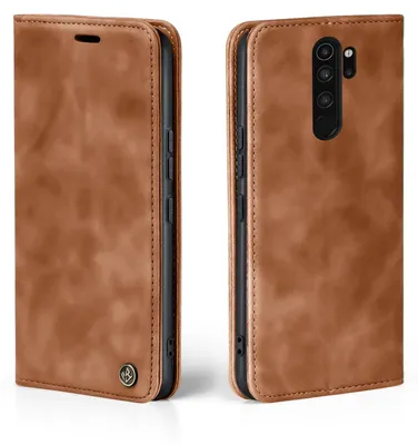 A brown flip case for a smartphone is shown from two angles.