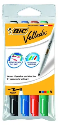 Obrázek produktu pro BIC Velleda 1741, 4 kusů, Černá, Modrá, Zelená, Červená, Kuličkový hrot, Vícebarevný, Plast, Kulatý