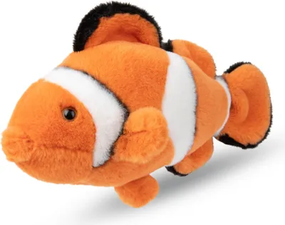 A plush toy clownfish on a white background.