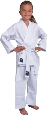 Produktbild von TEKKA BUDO Kinder Karateanzug Kidoka weiß - Leichtes Kids Modell 7.5 oz Mischgewebe - Karate Gi Set - Jacke Hose Gürtel - Einsteiger Anzug - 140 cm