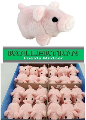 A collage showing a single plush pig toy at the top and a box filled with many identical plush pig toys at the bottom, with a green banner with text in between.