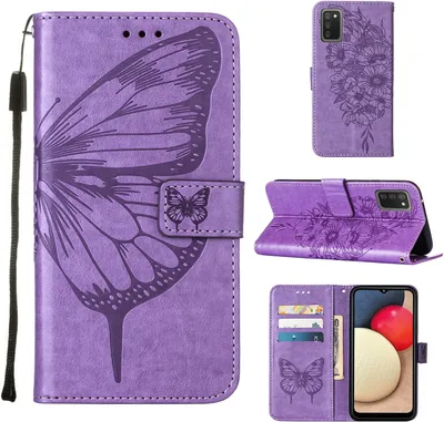 Produktbild von Galaxy A02S Hülle, Schmetterling Prägung Flip Leder Kartenfächer Schutzhülle Ledertasche mit Ständer für Samsung Galaxy A02S Violett