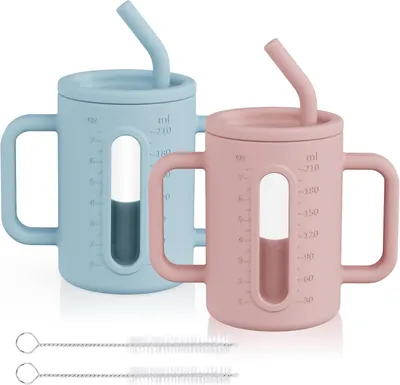 Zdjęcie produktu dla Zestaw 2 silikonowych kubków, 237 ml, dla małych dzieci, ze szklanymi kubkami, słomkami i pokrywką